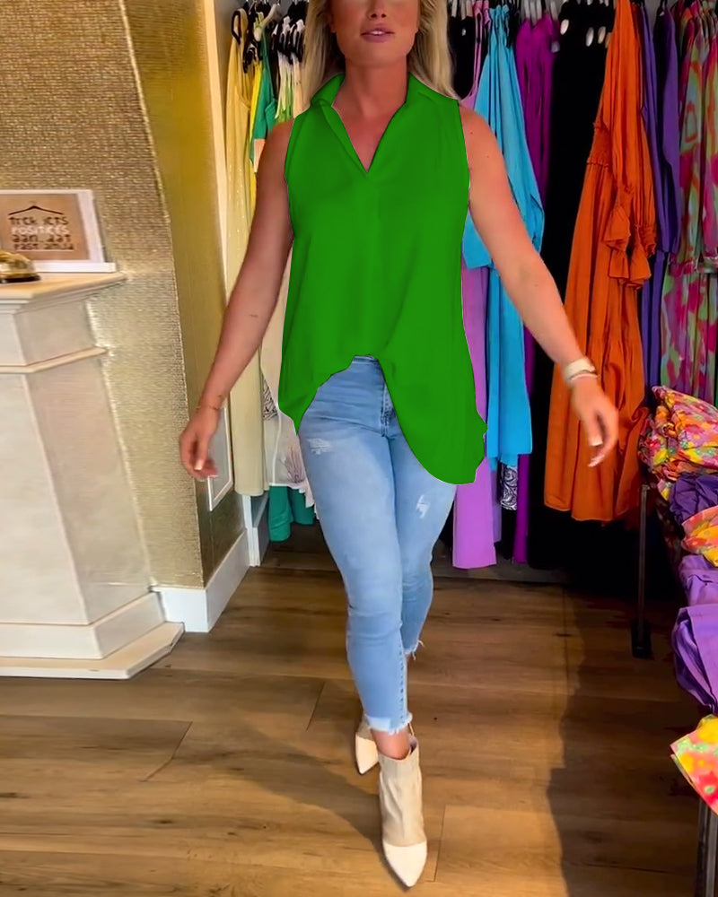 Laluna® | Ruffled Sleeveless Top with Lapel Detail
