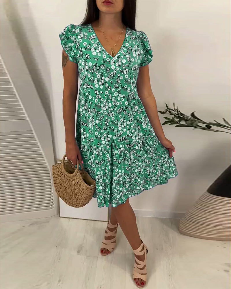 Laluna® | V-Neck Midi Dress with Floral Sleeves