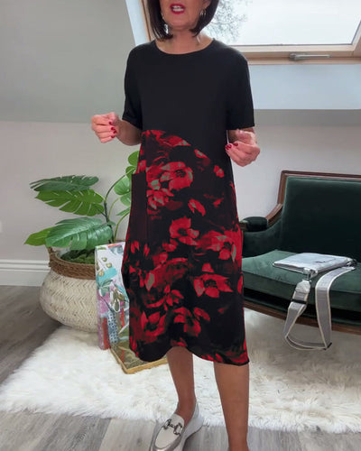 Floral Print Patchwork Dress with Round Neck