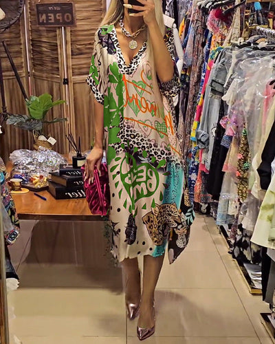 Laluna® | Vibrant Printed Casual Dress with Deep V-Neck
