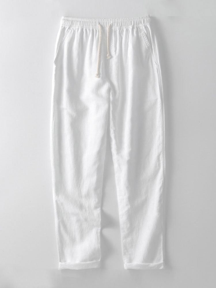 Striped V-Neck Crochet Polo with Straight-Leg Linen Pants