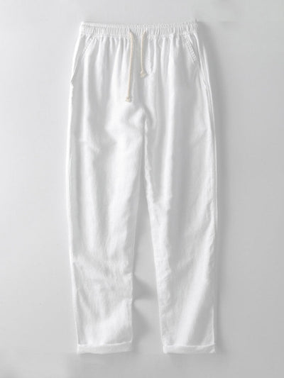Striped V-Neck Crochet Polo with Straight-Leg Linen Pants