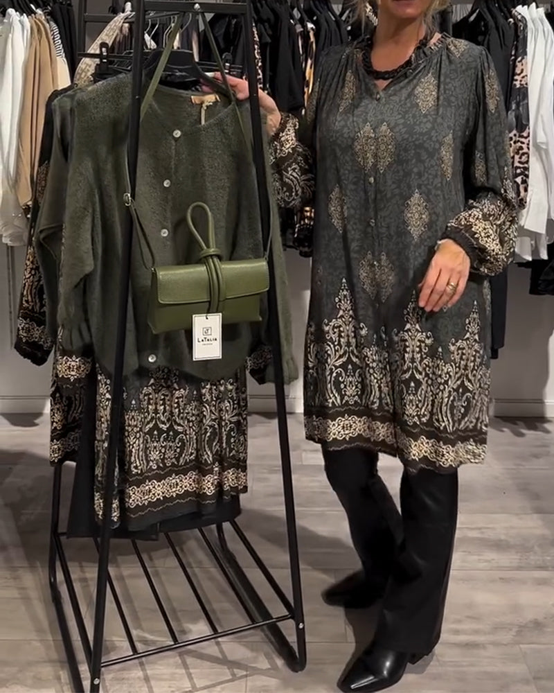 Retro Printed Collar Dress with Button Details