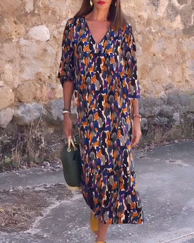 Laluna® | Retro Print V-Neck Dress