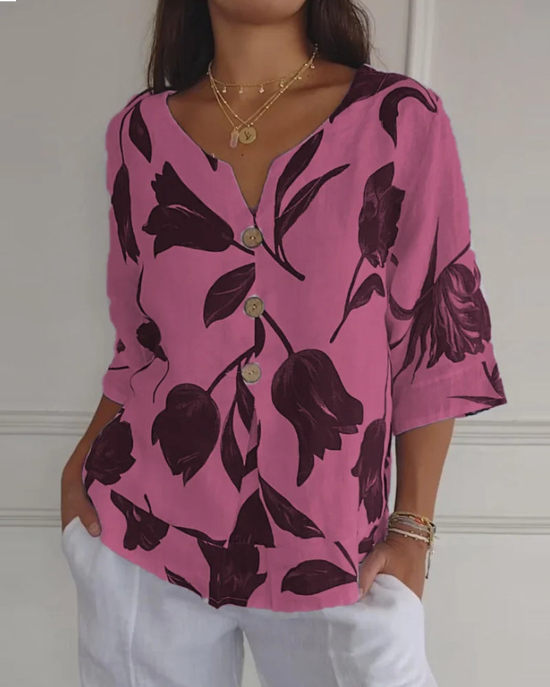 Floral Print Cotton-Linen Blend Top