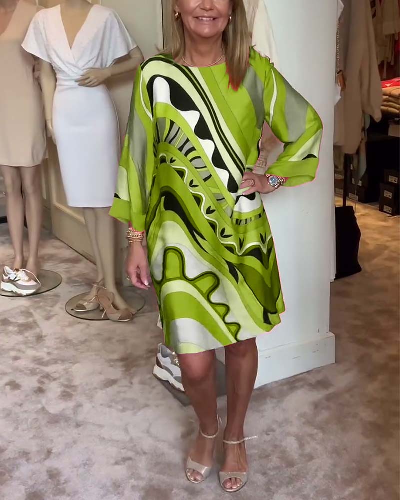 Laluna® | Stylish Printed Midi Dress with Round Neckline