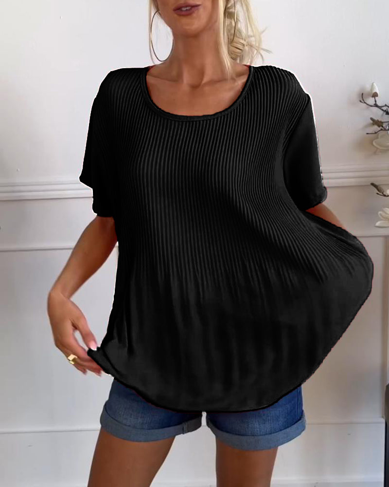 Relaxed Pleated Blouse with Round Neck