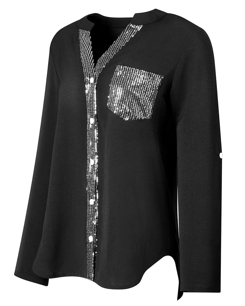 Laluna® | Casual Top Featuring Sequin Detail and Button Accents