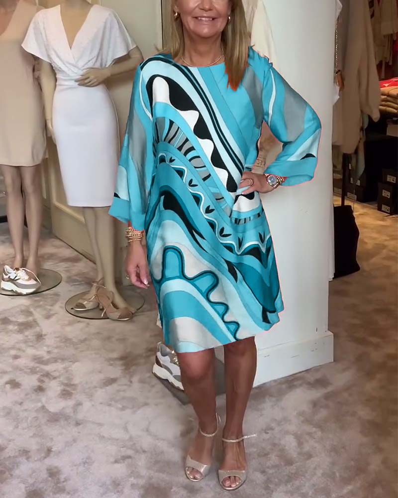 Laluna® | Stylish Printed Midi Dress with Round Neckline