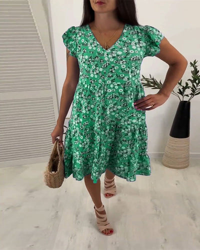 Laluna® | V-Neck Midi Dress with Floral Sleeves