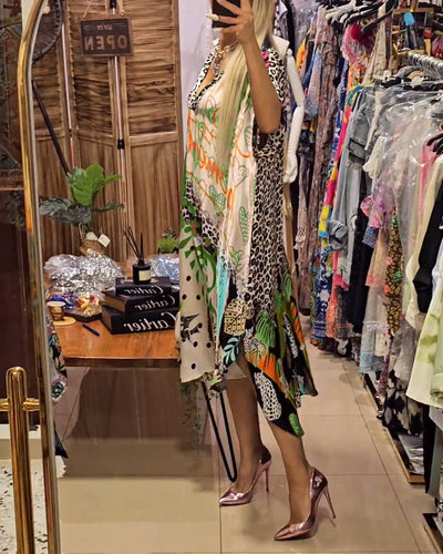 Laluna® | Vibrant Printed Casual Dress with Deep V-Neck