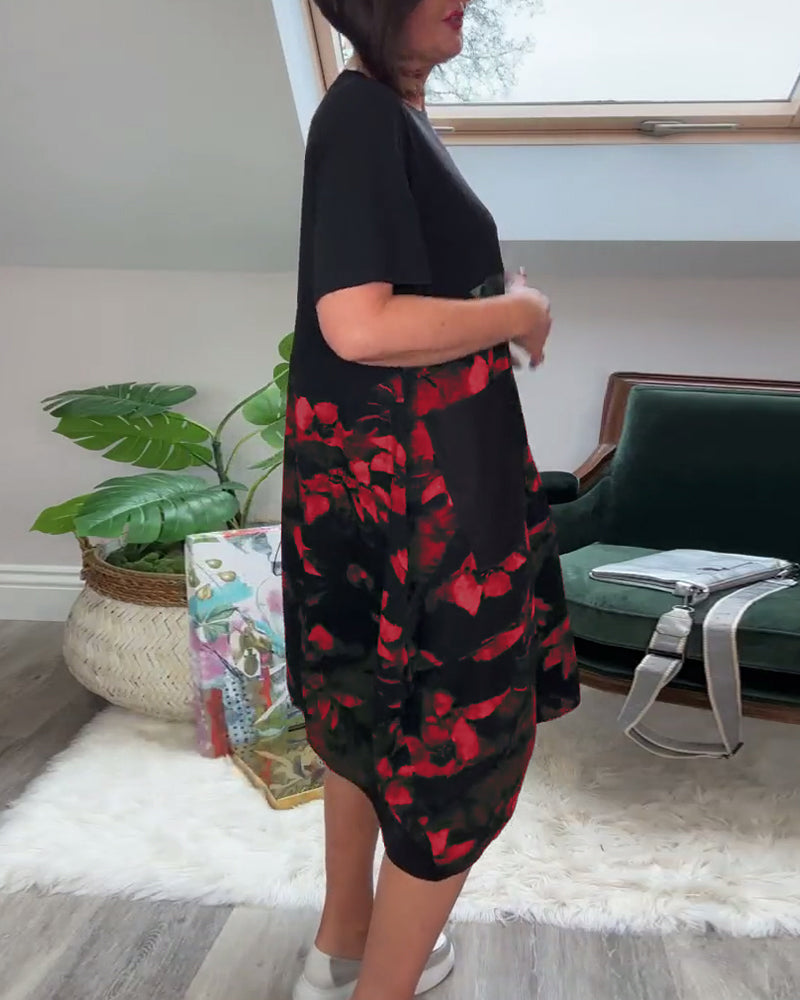 Floral Print Patchwork Dress with Round Neck