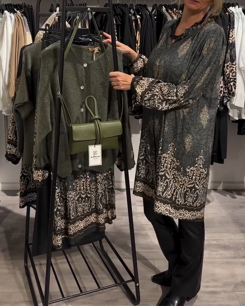 Retro Printed Collar Dress with Button Details