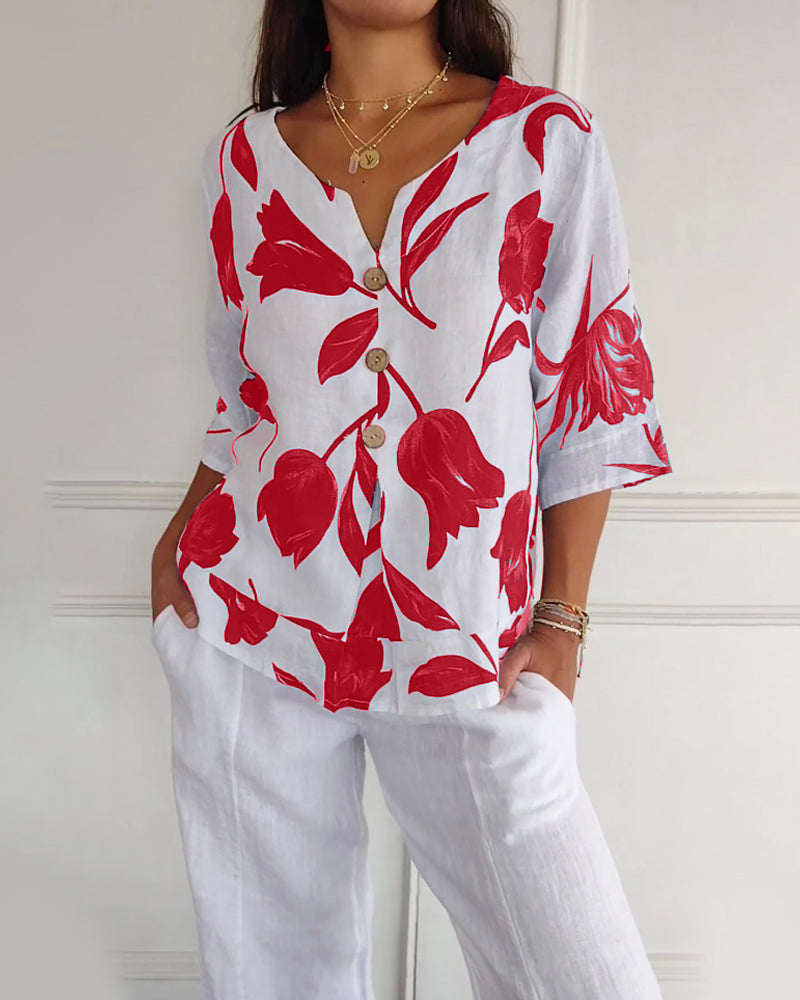 Floral Print Cotton-Linen Blend Top
