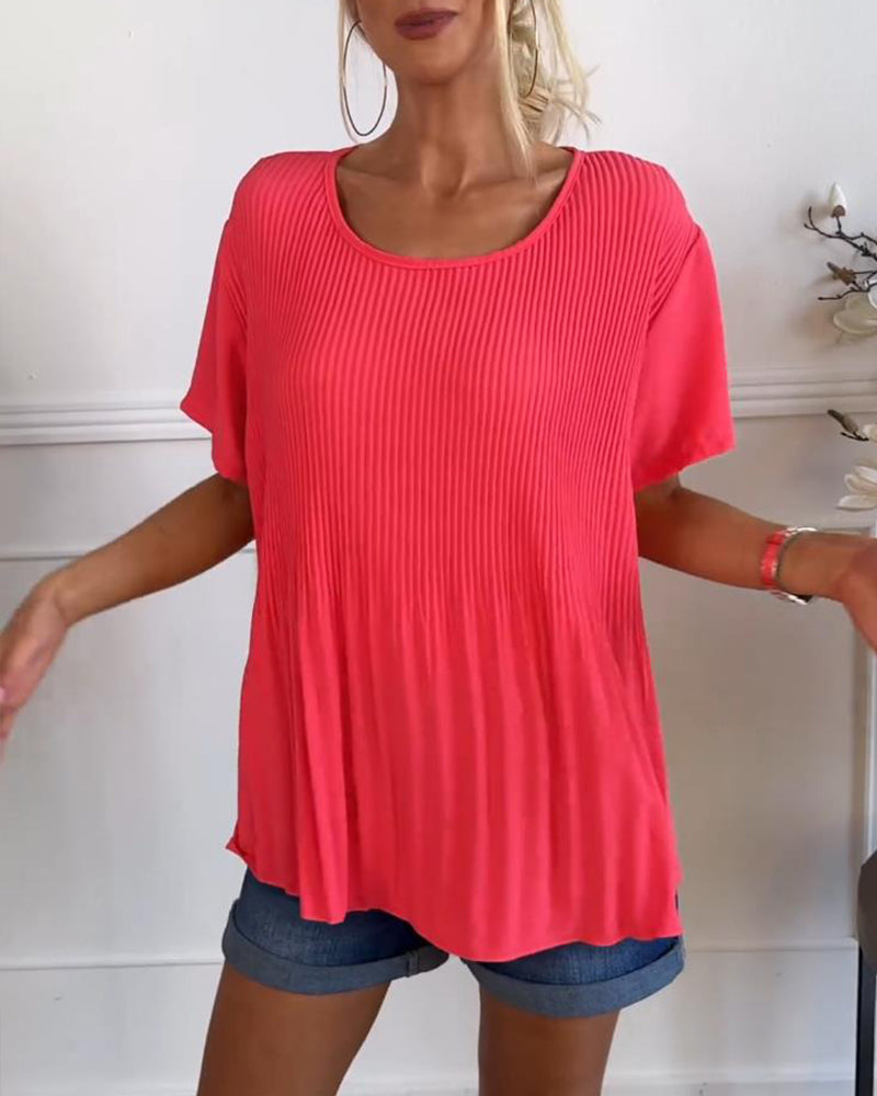 Relaxed Pleated Blouse with Round Neck