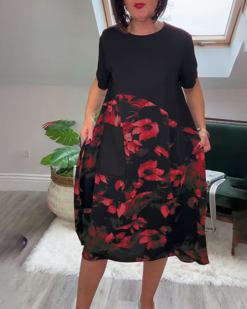 Floral Print Patchwork Dress with Round Neck