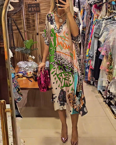Laluna® | Vibrant Printed Casual Dress with Deep V-Neck