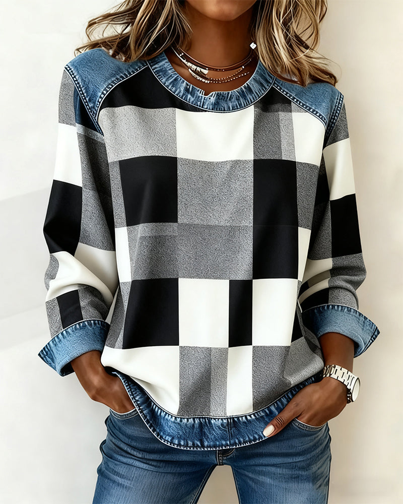Laluna® | Sweatshirt with Check Patchwork and Contrast Color