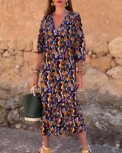 Laluna® | Retro Print V-Neck Dress