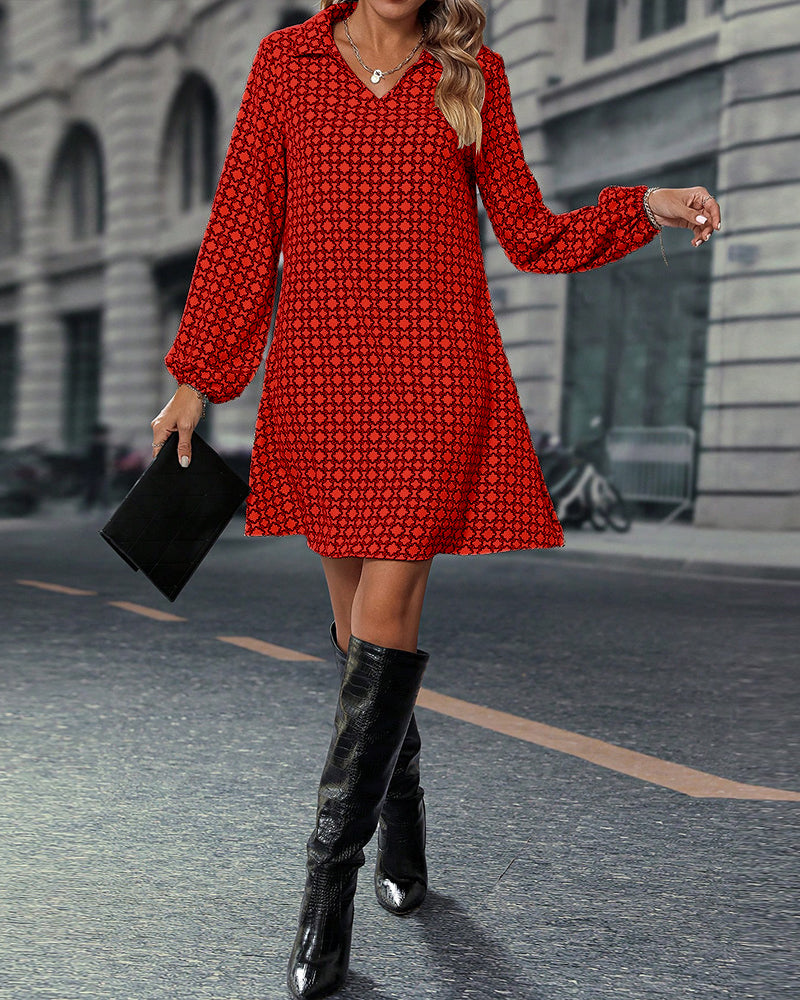 Long Sleeve Lapel Printed Dress