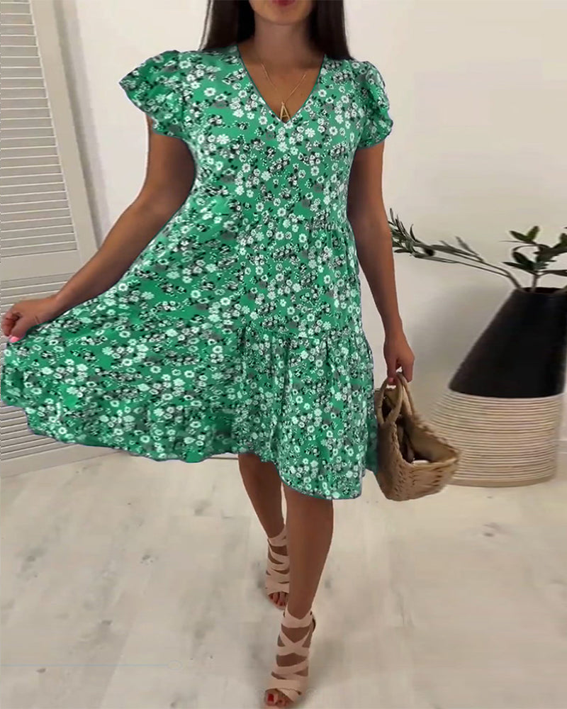 Laluna® | V-Neck Midi Dress with Floral Sleeves