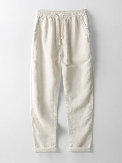 Striped V-Neck Crochet Polo with Straight-Leg Linen Pants