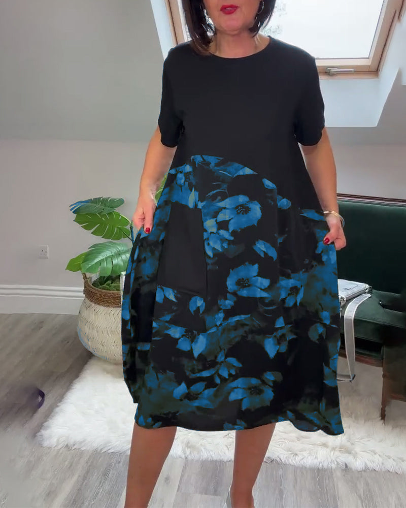 Floral Print Patchwork Dress with Round Neck