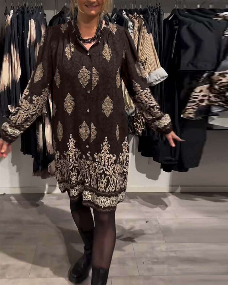 Retro Printed Collar Dress with Button Details