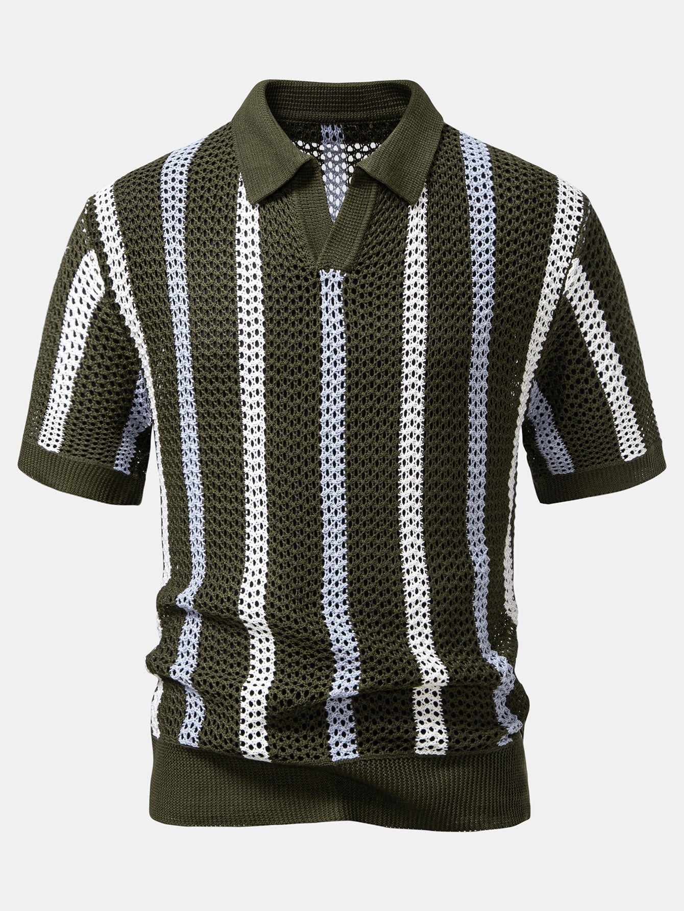Striped V-Neck Crochet Polo with Straight-Leg Linen Pants