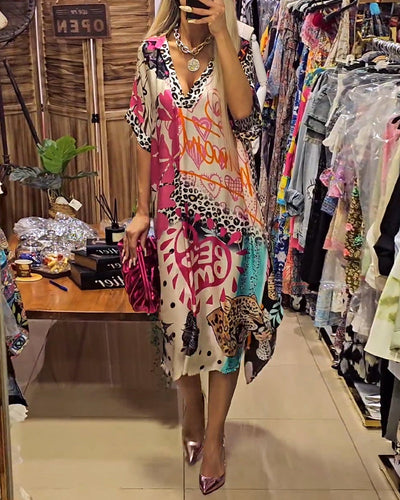 Laluna® | Vibrant Printed Casual Dress with Deep V-Neck