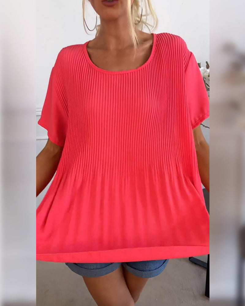 Relaxed Pleated Blouse with Round Neck