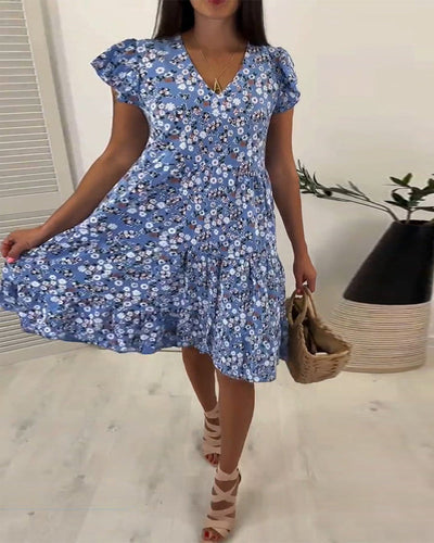 Laluna® | V-Neck Midi Dress with Floral Sleeves