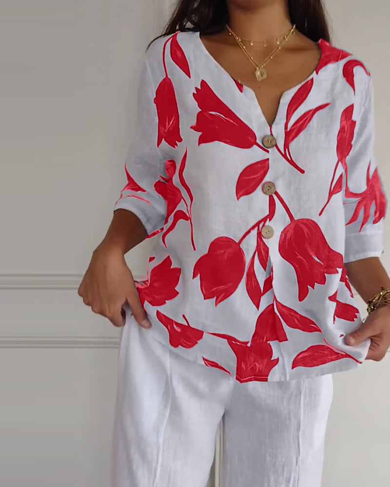 Floral Print Cotton-Linen Blend Top