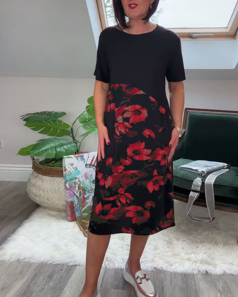 Floral Print Patchwork Dress with Round Neck