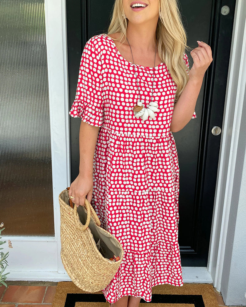 Laluna® | Polka Dot Print Midi Dress with Round Neck