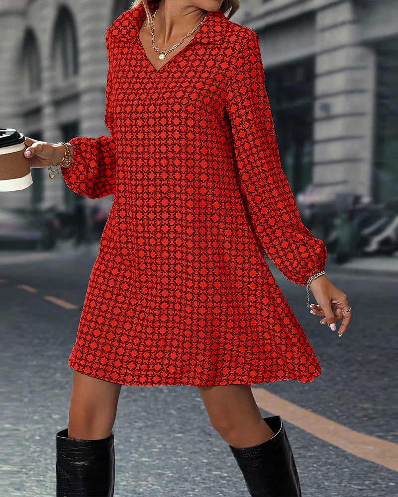 Long Sleeve Lapel Printed Dress