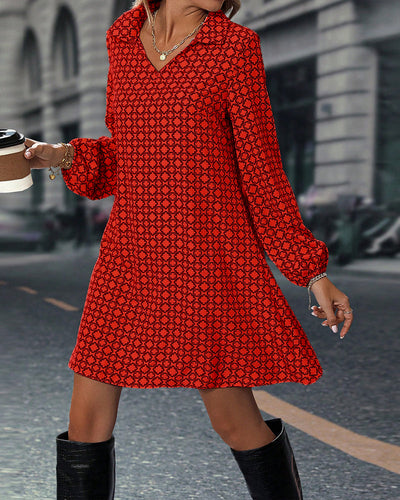 Long Sleeve Lapel Printed Dress