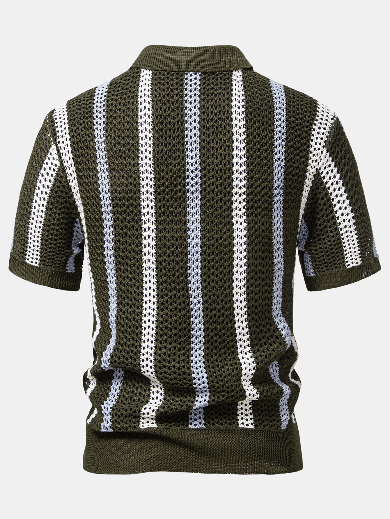 Striped V-Neck Crochet Polo with Straight-Leg Linen Pants