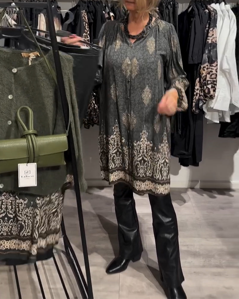 Retro Printed Collar Dress with Button Details