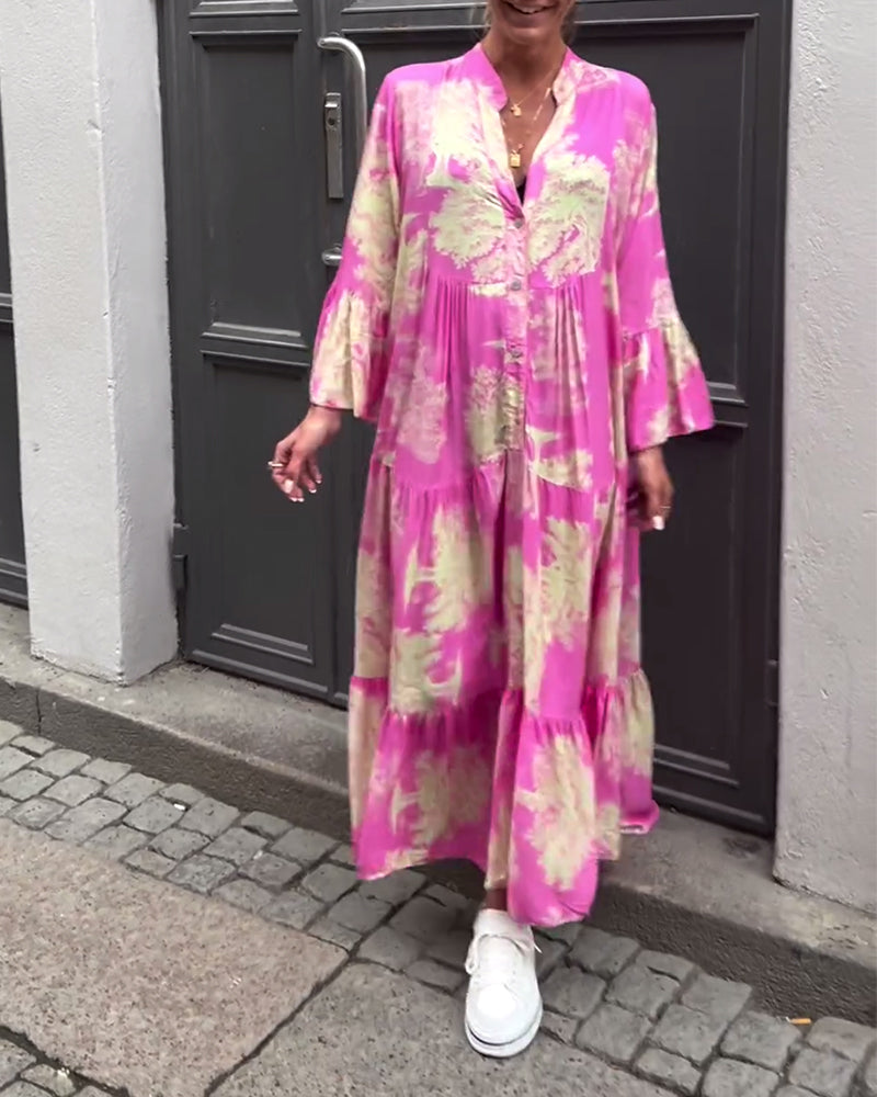 Laluna® | V-Neck Patchwork Dress with Bell Sleeves