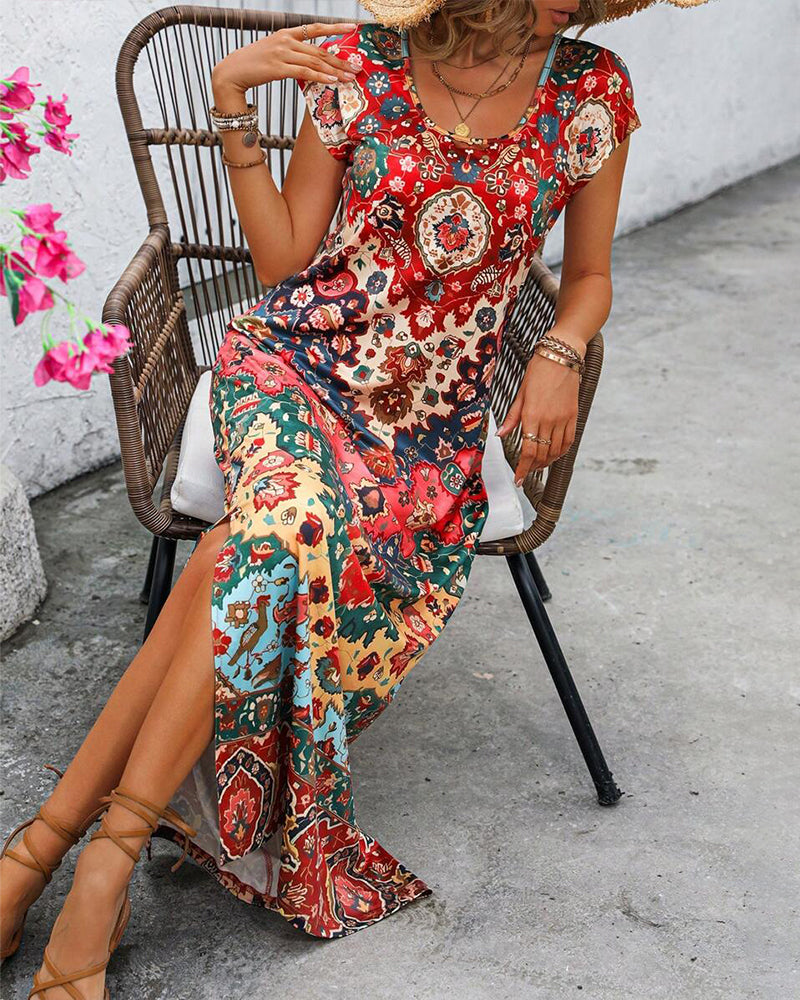 Vibrant Printed Casual Dress with Stylish Slits