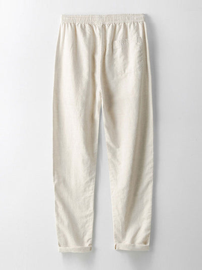 Striped V-Neck Crochet Polo with Straight-Leg Linen Pants