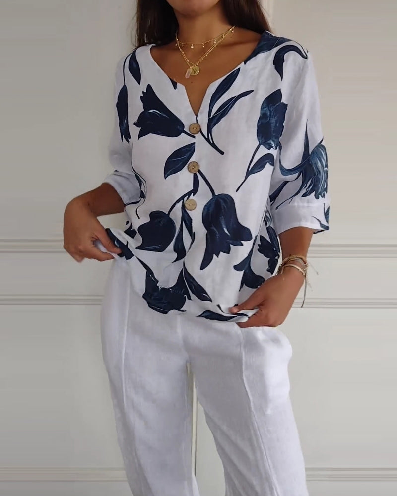 Floral Print Cotton-Linen Blend Top