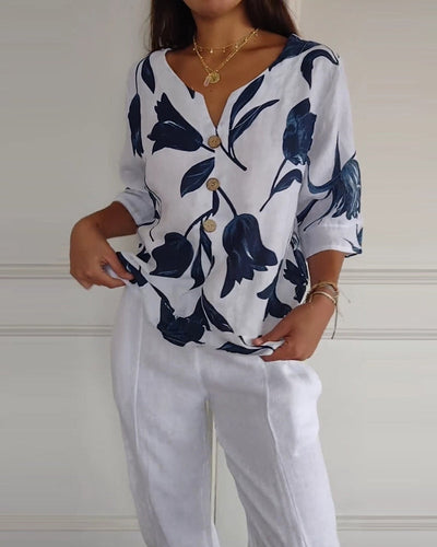 Floral Print Cotton-Linen Blend Top