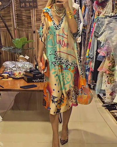 Laluna® | Vibrant Printed Casual Dress with Deep V-Neck