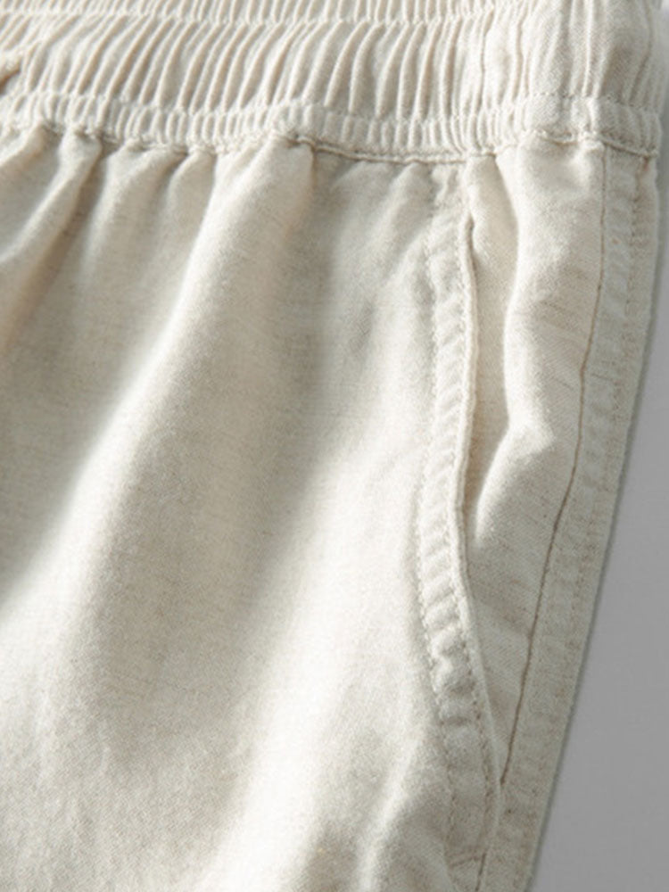 Striped V-Neck Crochet Polo with Straight-Leg Linen Pants