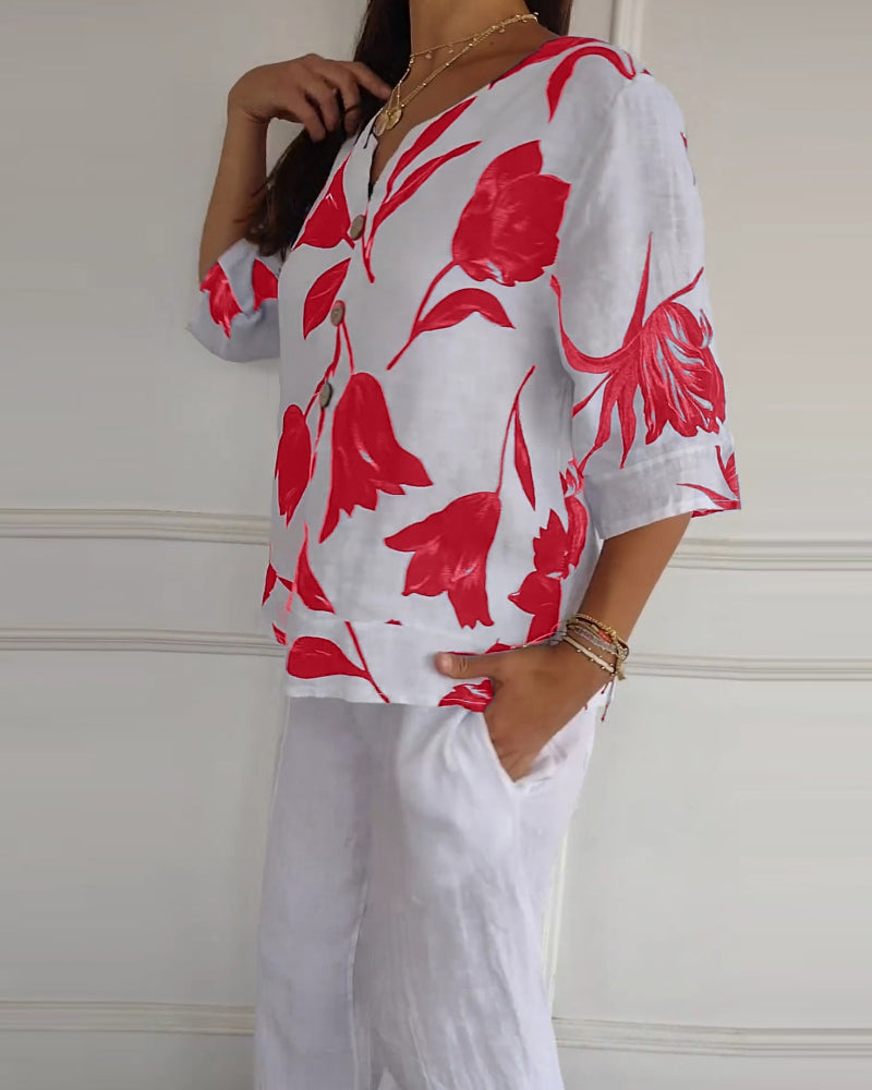 Floral Print Cotton-Linen Blend Top