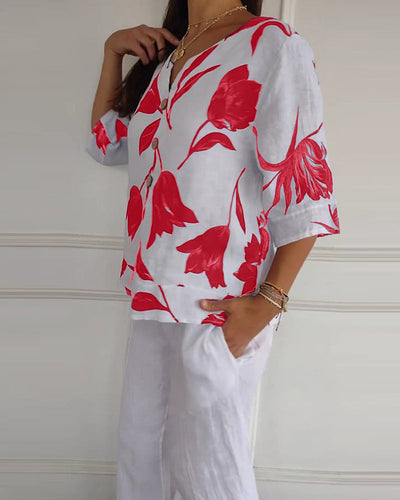 Floral Print Cotton-Linen Blend Top