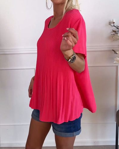 Relaxed Pleated Blouse with Round Neck