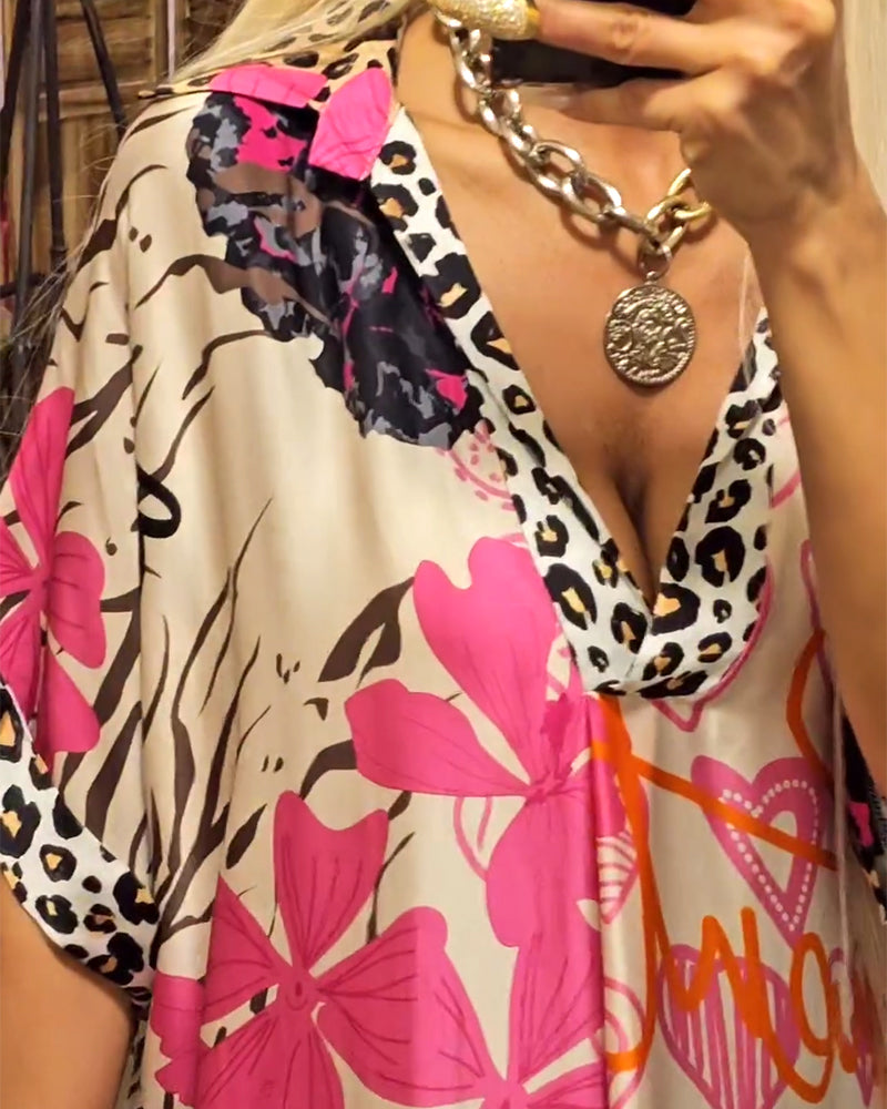 Laluna® | Vibrant Printed Casual Dress with Deep V-Neck